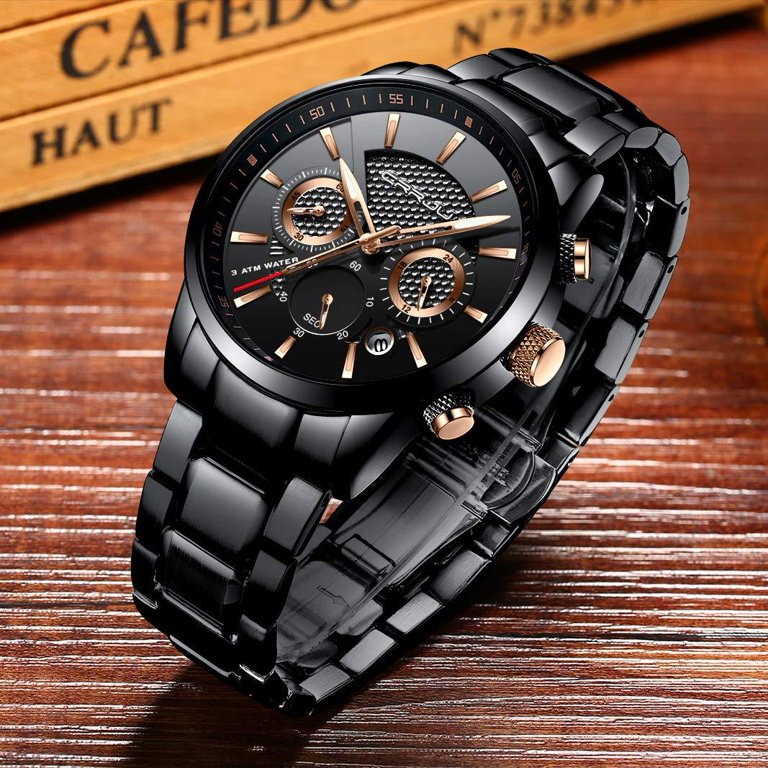 CRRJU Brand Men s Watch Business Casual Chronograph Quartz Waterproof Wristwatch Black Stainless Steel Strap black golden