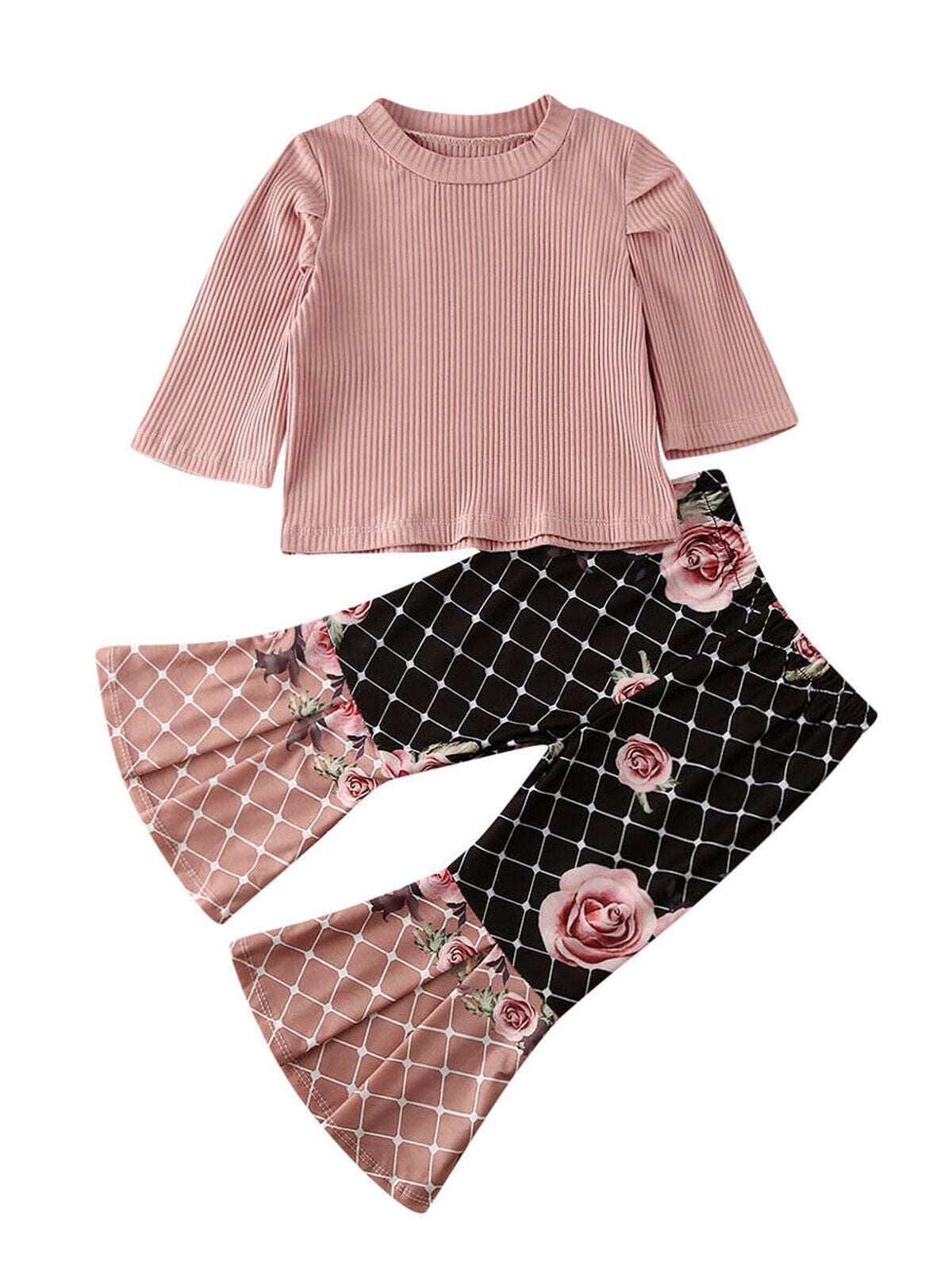 bilison Baby Girl Clothes Floral Ruffle Tops Solid Color Pants with Headband Outfit Sets