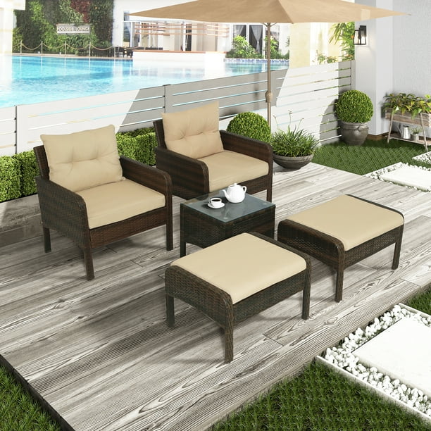 Suzicca 5 Piece Pe Rattan Wicker Outdoor Patio Furniture Set With Glass Table Com Suzicca 5 Piece Pe Rattan Wicker, Patio Chairs With Ottoman