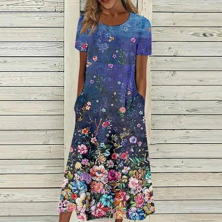 

Women Casual Loose Bohemian Floral Dresses with Pockets Short Sleeve Summer Beach Swing Dress