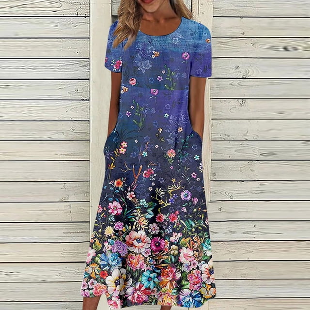 ICHUANYI Clearance Women's Summer Casual Floral Print Short Sleeved Round Neck Dress(Blue, M) ICHUANYI WER2023080903420