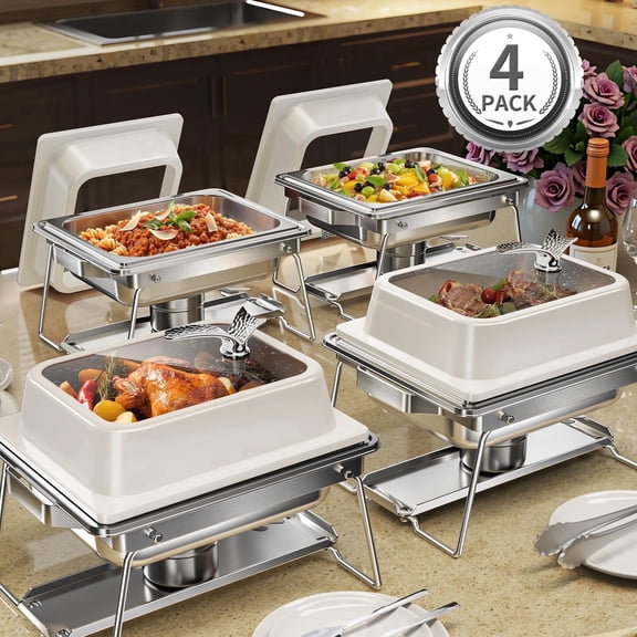 4 Pack 5QT Square Stainless Steel Chafing Dishes for Buffet, Complete Buffet Food Warmer Set for Catering, Parties, Weddings & Holiday Events,  White, KScocina