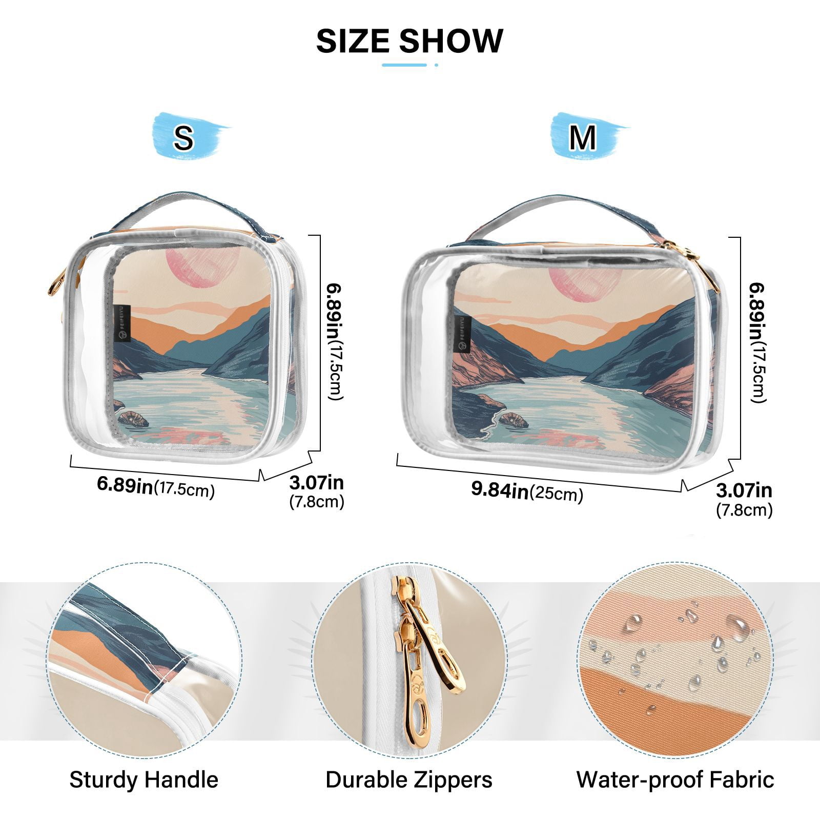 Clear Makeup Bags with Handle Large Opening 2 Pack Set Toiletry Bag Quart Size Bag, for Women Man Traveling Travel Essentials, Toiletries and Other. Hand Drawing River