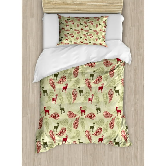 Deer Duvet Cover Set Twin Size, Ethnic Paisley Deer Ornate Tribal Swirled Abstract Christmas Motifs, Decorative 2 Piece Bedding Set with 1 Pillow Sham, Ruby Olive Green Pale Green, by Ambesonne