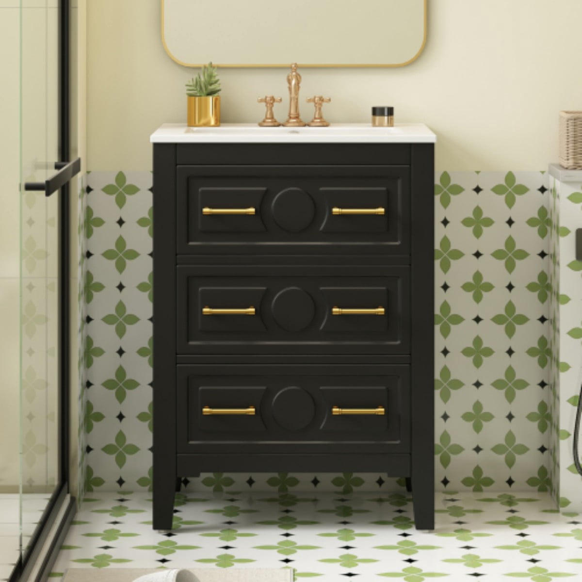 24" Bathroom Vanity with Ceramic Sink Combo, Freestanding Bathroom Storage Cabinet with 3 Drawers, Solid Wood Frame, Black