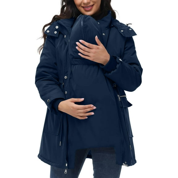 Tdoqot Womens Maternity Parkas Coats with Hood- Big Pockets Heavyweight Casual Full Zip Warm Winter Clothes Navy Size XL