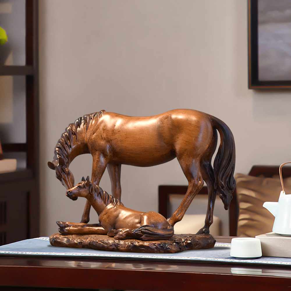 Resin Wood - Grain Mother & Foal Horse Statue - 7.67"×4.33"×5.9" Equestrian Sculpture, Rustic Home Decor for Living Room/Office, Gift for Horse Enthusiasts