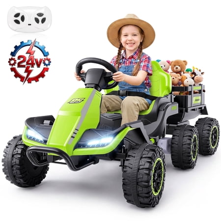 VIBESPARK 24V Ride on Toys with Remote Control, 3 in 1 Ride on Car, Ride on Tractor for Kids with Trailer, 6 Wheel Kids Electric Car w/ Bluetooth, MP3, Music, Green