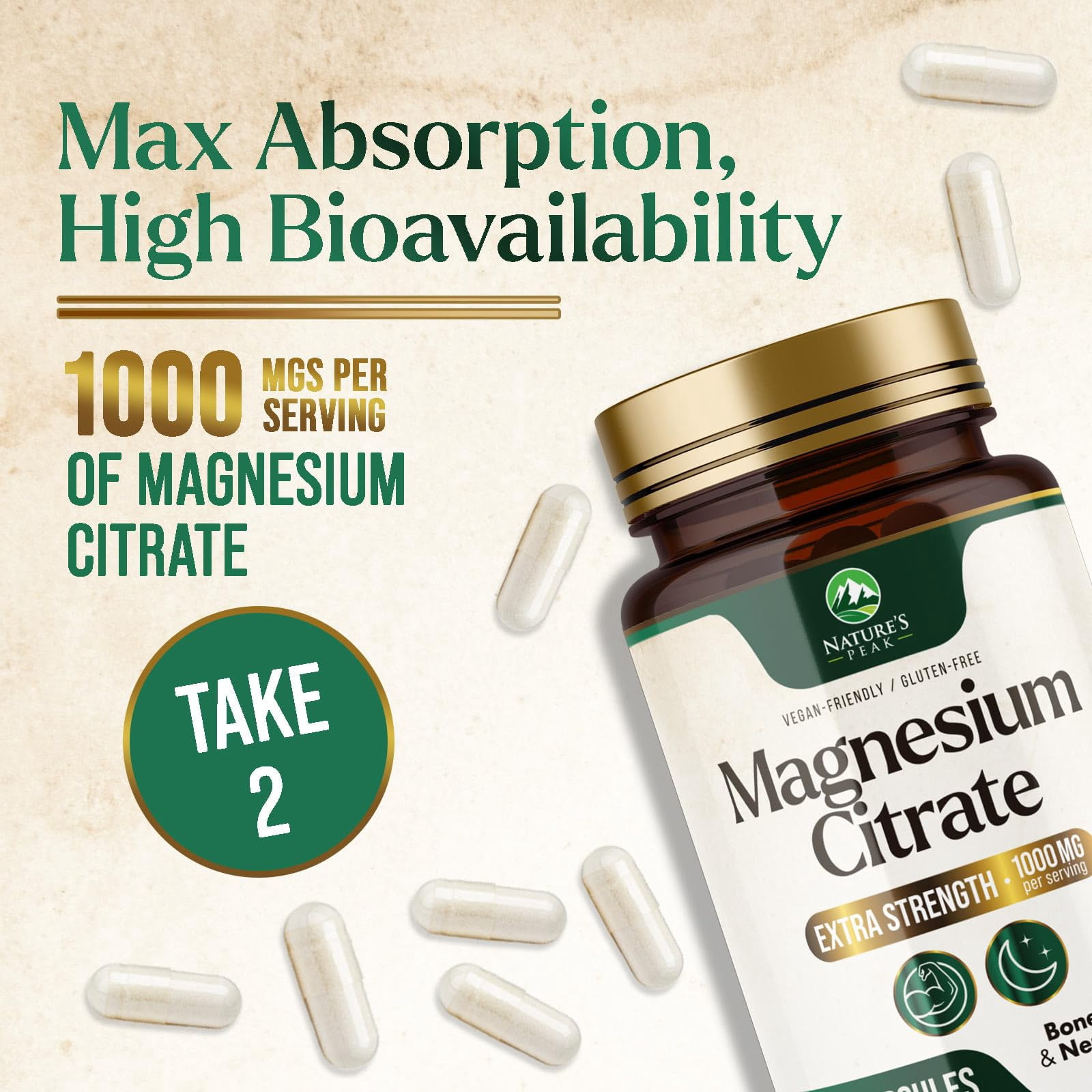 Magnesium Citrate Capsules - Max Absorption Magnesium Powder - Muscle, Bone, Nerve & Heart Health Support - Premium Formula is Powerful & Gentle for Women & Men - Bottled in USA - 120 Capsules