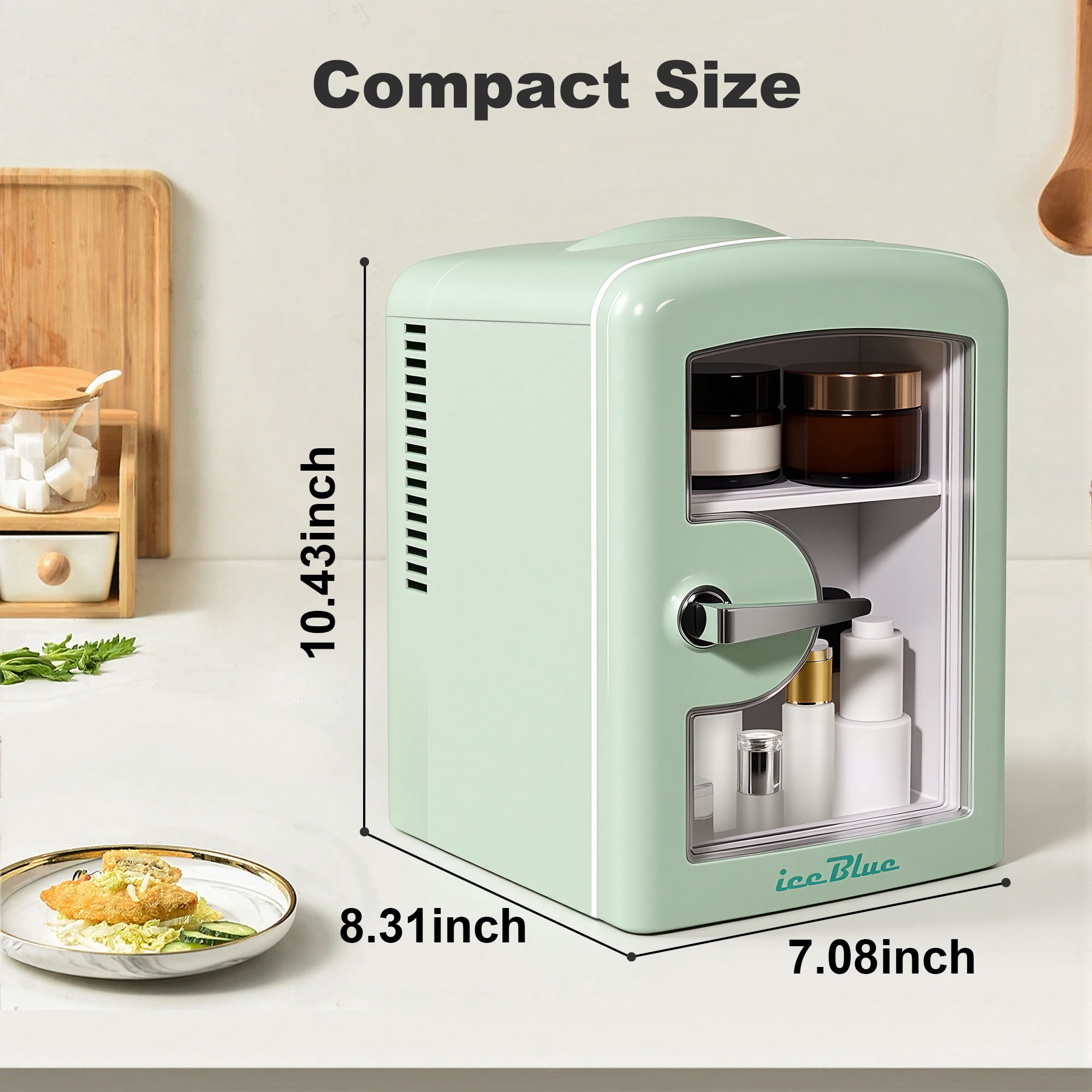 iceBlue 4L Mini Fridge for Cosmetics and Drinks, Car/Home Use (Green), Skincare Refrigerator, Transparent Window and Retro Chrome Handle