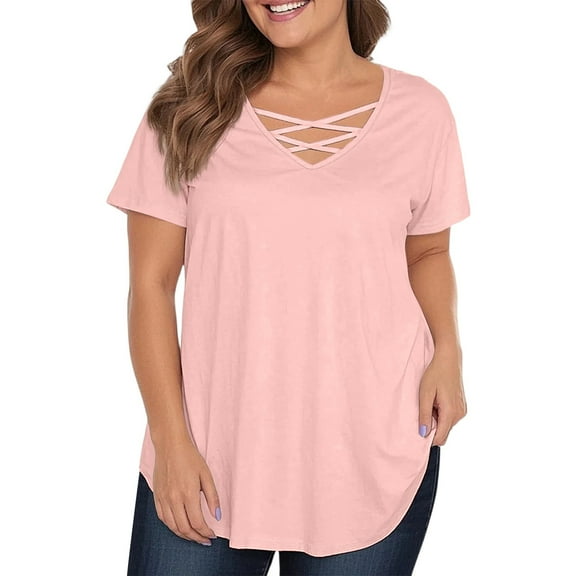TQWQT Plus Size Tops for Women 4x-5x Summer V Neck Criss Cross Shirts Basic Plain T-Shirt Short Sleeve Tops Dressy Casual Tunic Tops Pink 3XL
