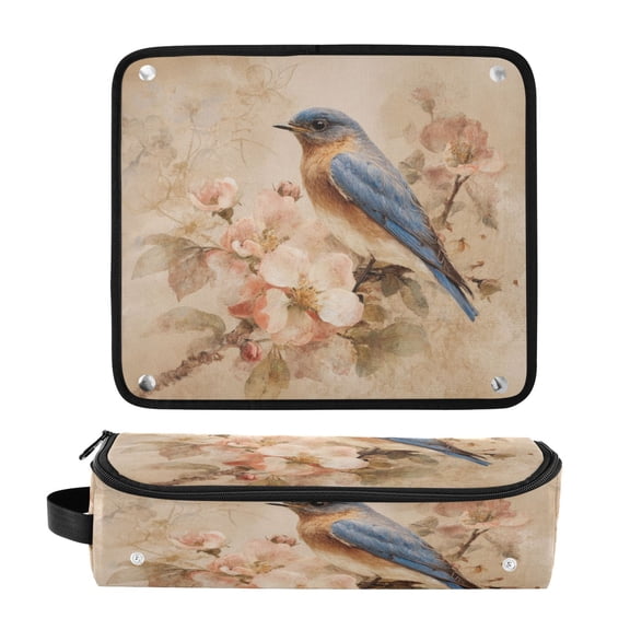 Hair Tools Travel Bag Heat-Resistant Curling Iron Organizer Bag with Detachable Heatproof Mat Travel Storage Case Bluebird and Ancient Flowers