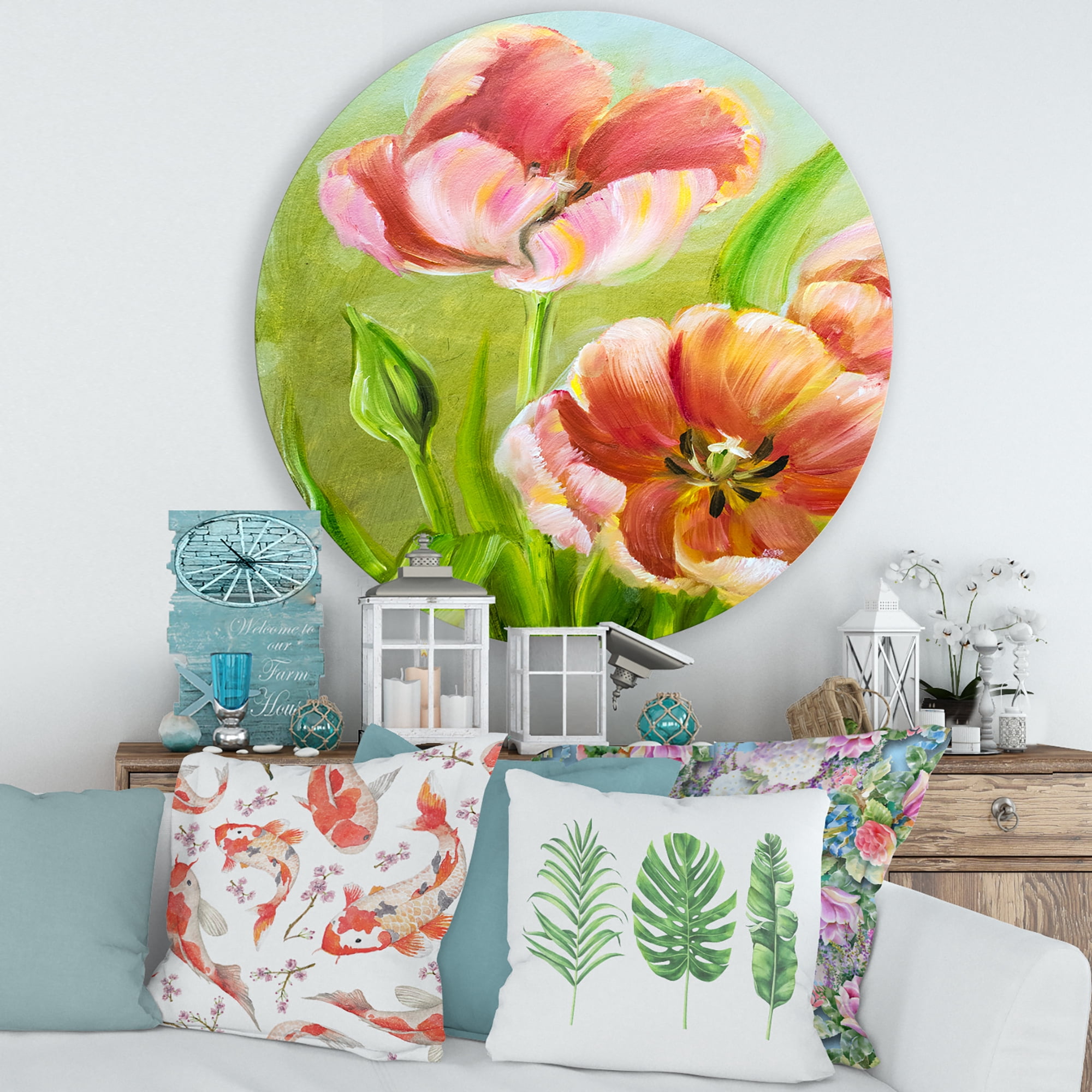 Designart 'Ancient Red Tulips Flowers III' Traditional Circle Metal Wall Art 36x36 - Disc of 36