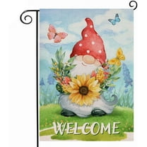 Rdsfhsp Welcome Spring Gnome Sunflower Wild Flower Garden Flag Double Sided, Red Polka Dots Hat Floral Decorative House Yard Flag Outdoor Small Decor, Summer Seasonal Home Outside Decoration 12x18