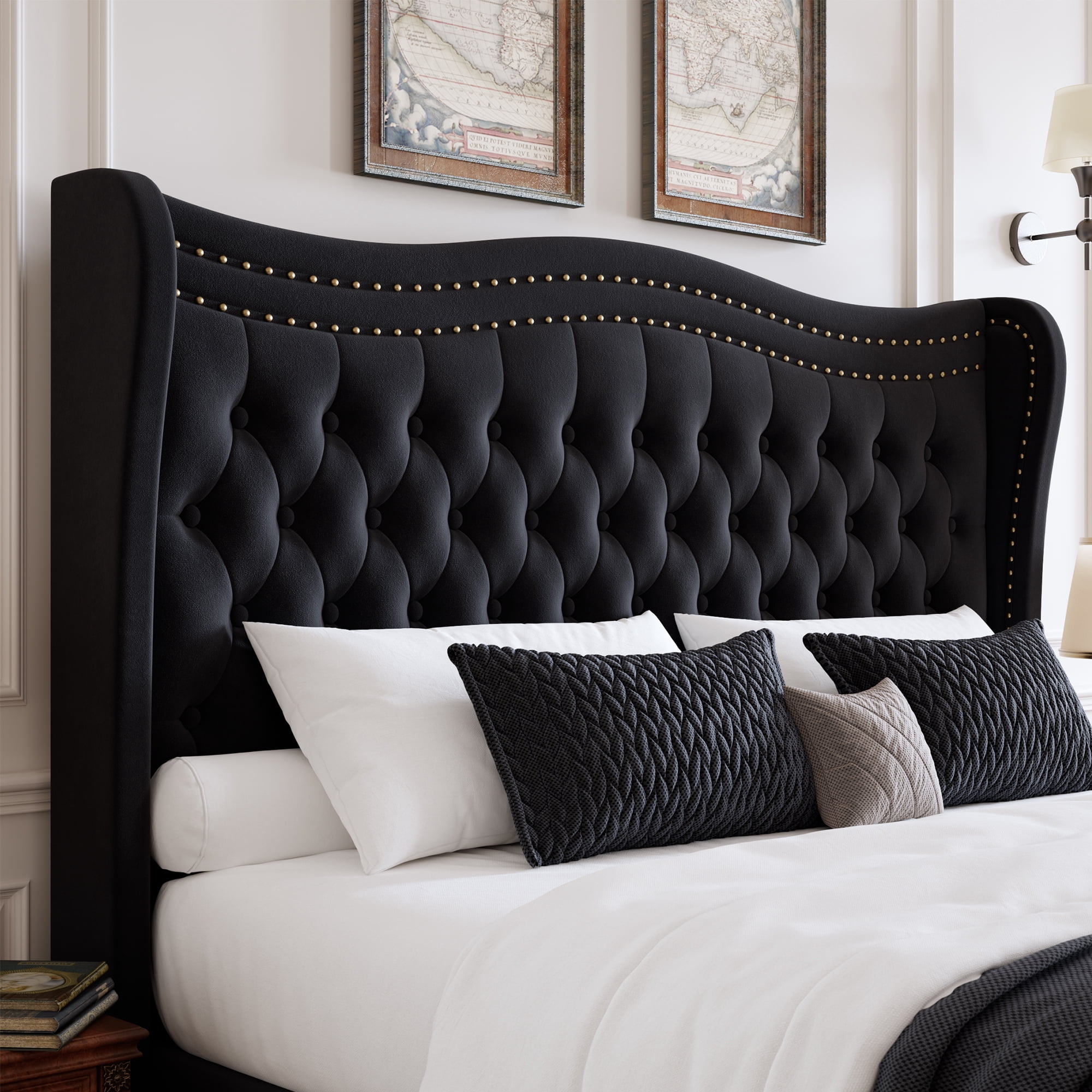 BSHTI Full Size Upholstered Bed Frame with Wingback Headboard – Velvet Diamond Tufting & Double Nail Trim, No Box Spring Needed, Black