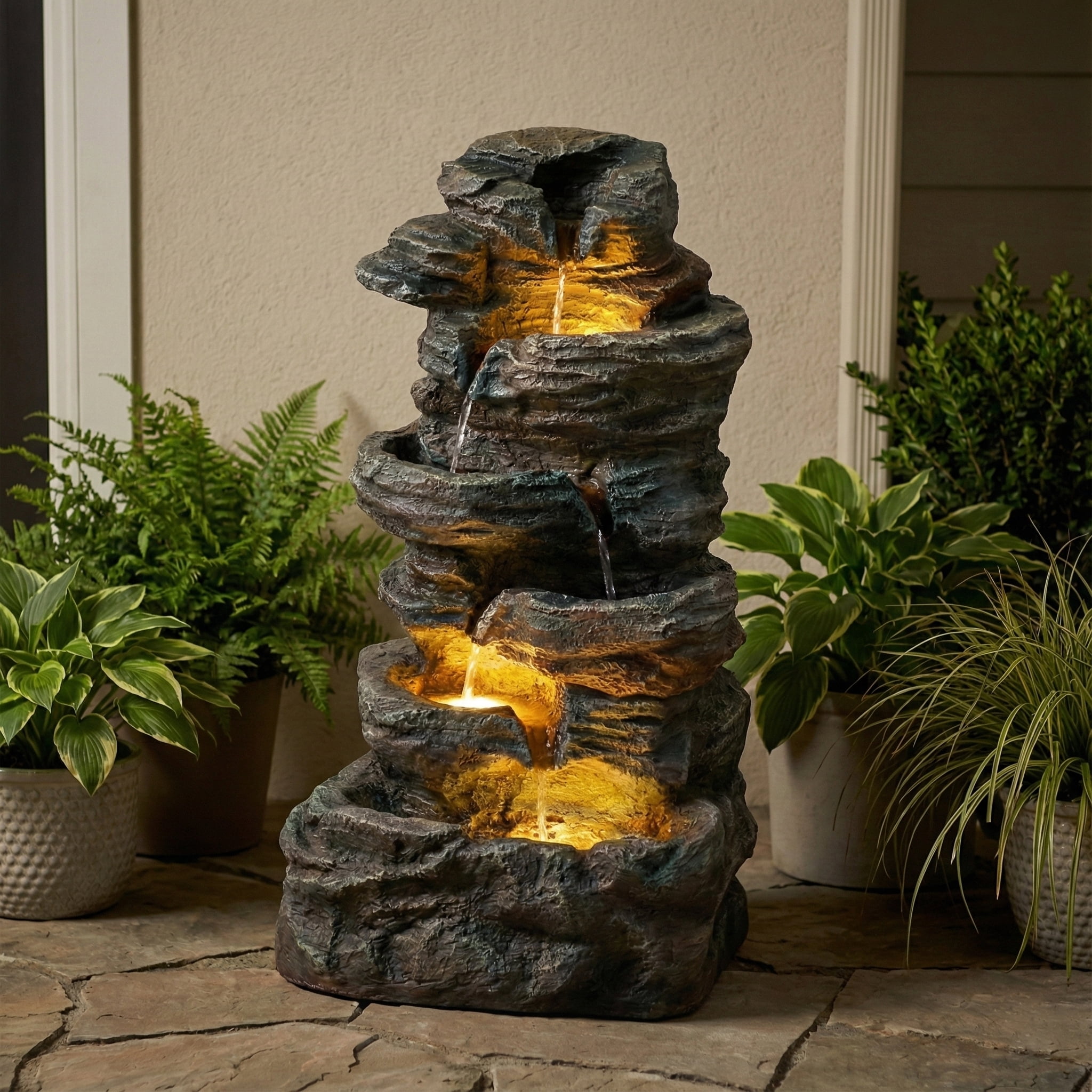 6-Tier Outdoor Cascading Stone Water Fountain with 3 LED Lights, Freestanding Led Fountain Decor for Garden, Patio, Yard & Deck, Natural Rock Appearance