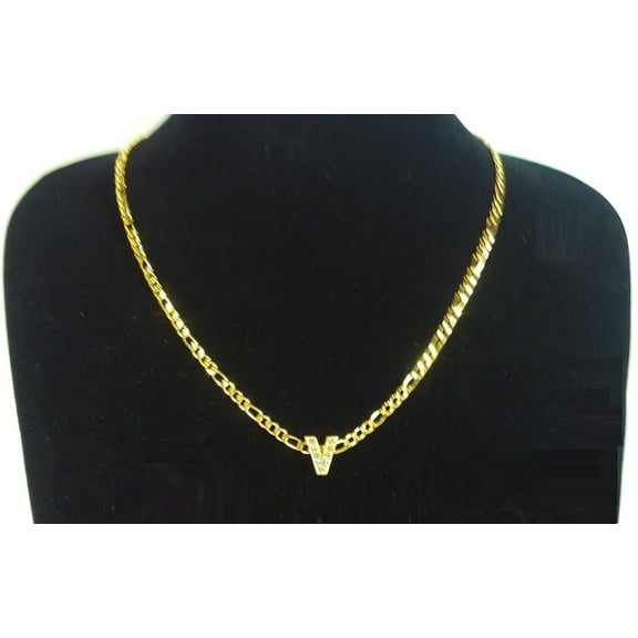 18K Yellow Gold-Plated 18-Inches Figaro Initial Letter 'V' Pendant Bling Charm Chain Necklace Set Gift