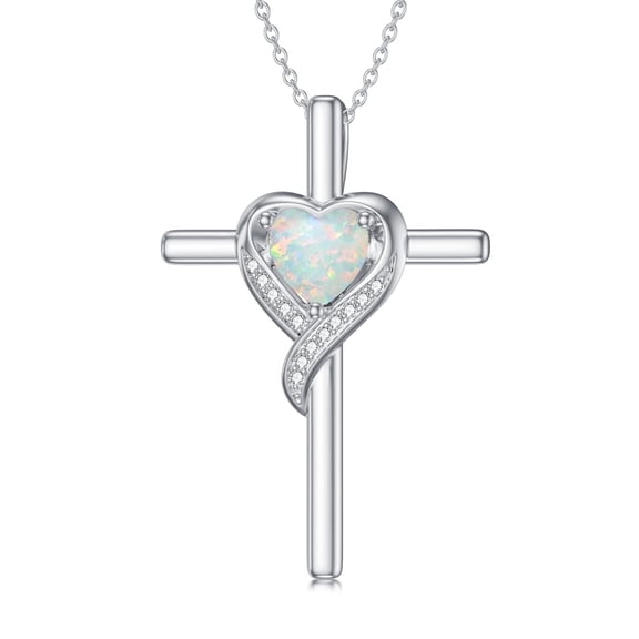 WINNICACA October Birthstone Opal Cross Necklace for Women 925 Sterling Silver Heart Cross Pendant Necklace Birthday Jewelry Valentines Mothers Day Gifts for Women