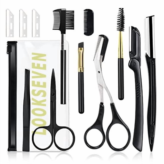 Eyebrow Razor Kit, 12 in 1 Professional Eyebrow Grooming Set, Including 3 Razors Trimmer,1 Tweezer,2 Scissors,2 Replacement Blades,1 Eyelashes Roller,2 Brushes,1 Storage Bag
