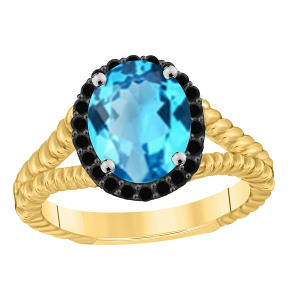 AoneJewelry Black Diamond Blue Topaz Ring In 10K Solid Rose, White & Yellow Gold