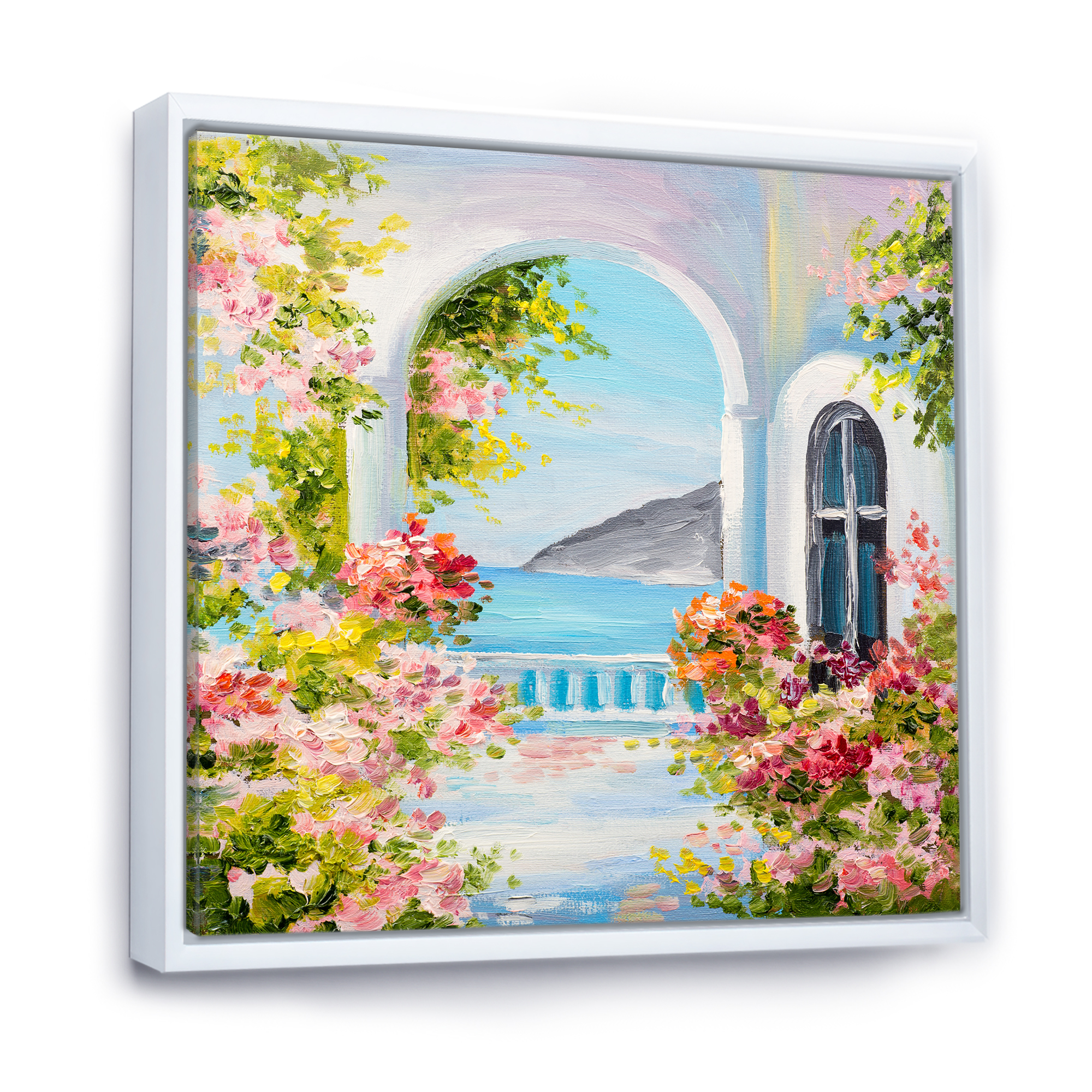 Designart 'Pink Flowers With Traditional Greek House' Nautical & Coastal Framed Canvas Wall Art Print