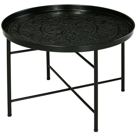 Barara King Coffee Table, Living Room Small Tables,24" Round Center Table with Hammered Tray Top and Metal Frame, Black