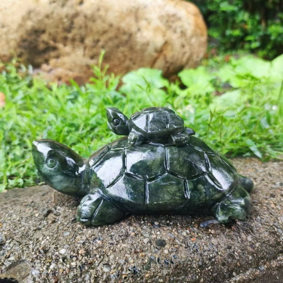 Green jade carved Turtle mom and her son  Statue, Crystal carving beautiful longevity tortoise ornaments, peace stone geomantic gift