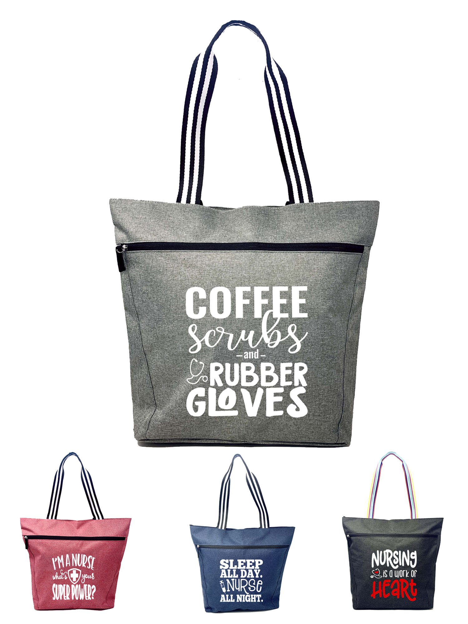 Coffee Scrubs and Rubber Gloves Cute Inspirational Zippered Tote Bag for Nurses, RN, Medical