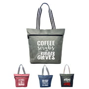 Coffee Scrubs and Rubber Gloves - Cute Inspirational Zippered Tote Bag for Nurses, RN, Medical Professional, Women, Gray