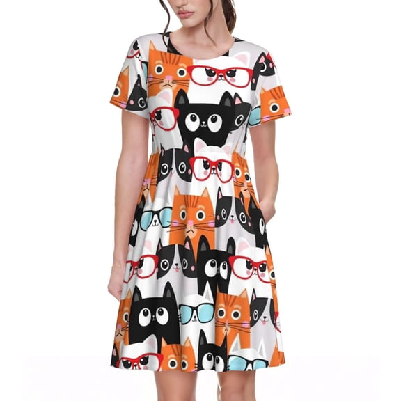 Cute Cat Women's Dresses Short Sleeve Nightdresses for Summer