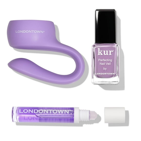 LONDONTOWN Violet Vibes Nail Polish Set - Perfecting Nail Veil #9, Sheer Lilac Tint, .40fl oz, with Bottle Service Polish Holder and Roll & Glow Cuticle Oil, Passionfrui