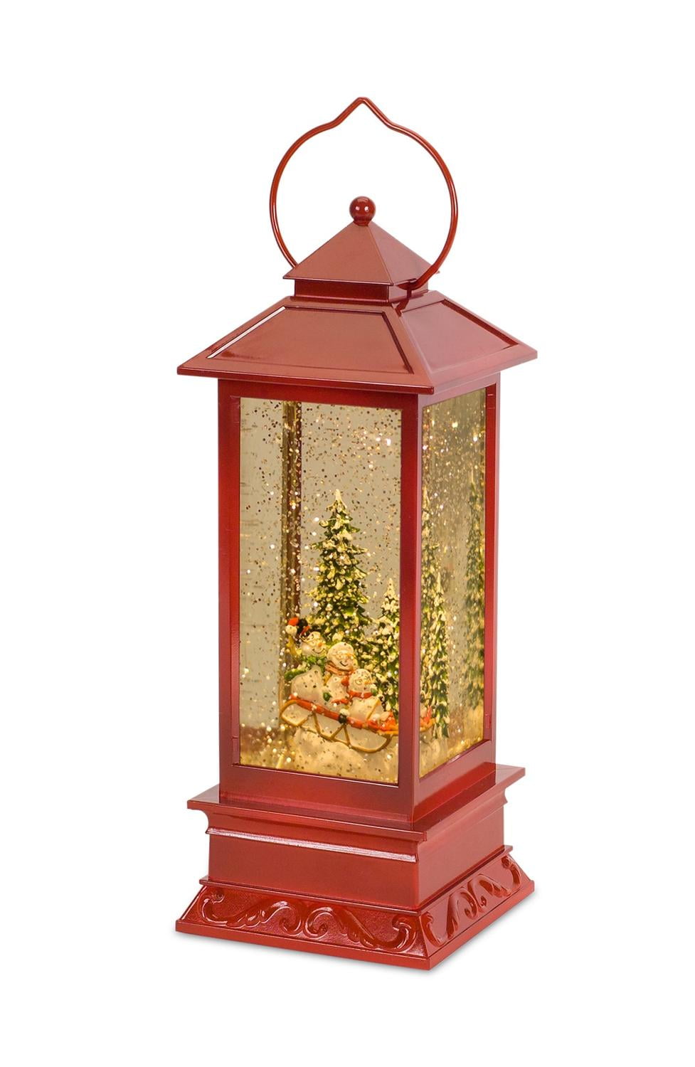 Set of 2 Red Lantern Shaped Snow Globes with Snowman Family on Sled Inside 10.5" by Diva At Home