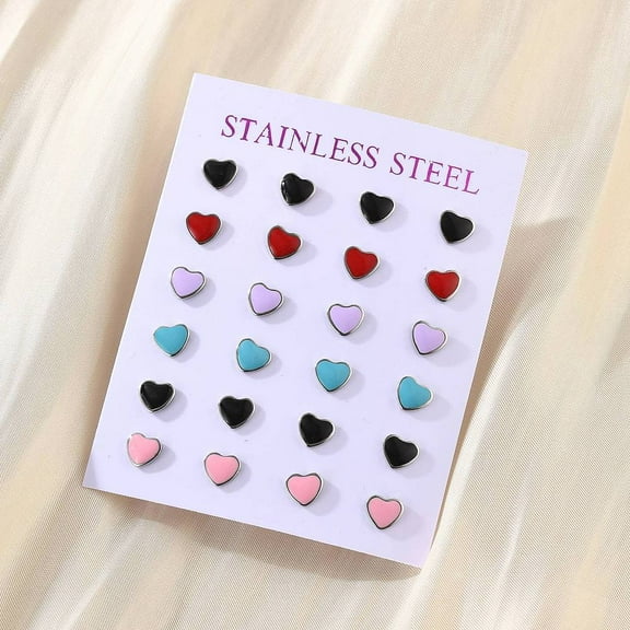 12pairs Enamel Heart Stud Earrings 304 Stainless Steel Earrings with 316 Surgical Stainless Steel Pins for Women Stainless Steel color 5.5x6x2mm Pin: 0.8mm