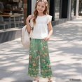 thumbnail image 6 of COEQINE Girls Ruffled Pants Elastic Waistband Long Trousers Track Pants with Pockets Wide Leg Trousers Loose Y2K Fashion Outfits for 13-14 Years, Retro Rose Vine Green, 6 of 8
