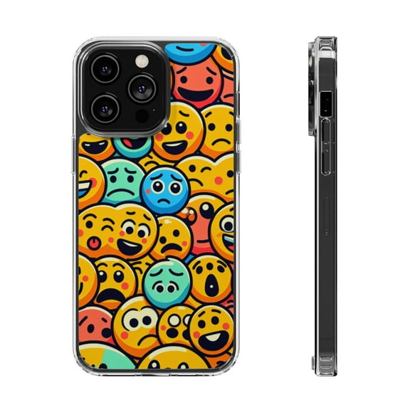 DistinctInk Hybrid (Acrylic / TPU) Clear Slim Fit Case for Apple iPhone 14 Pro (6.1" Screen) - "Playful Cartoon Smiley Faces Pattern"