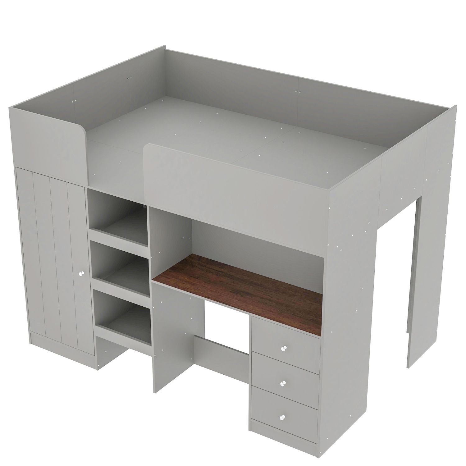 Full Size Loft Bed Frame with Built-in Wardrobe, Desk, 3 Drawers and Storage Shelves, Wood and MDF, No Box Spring Required