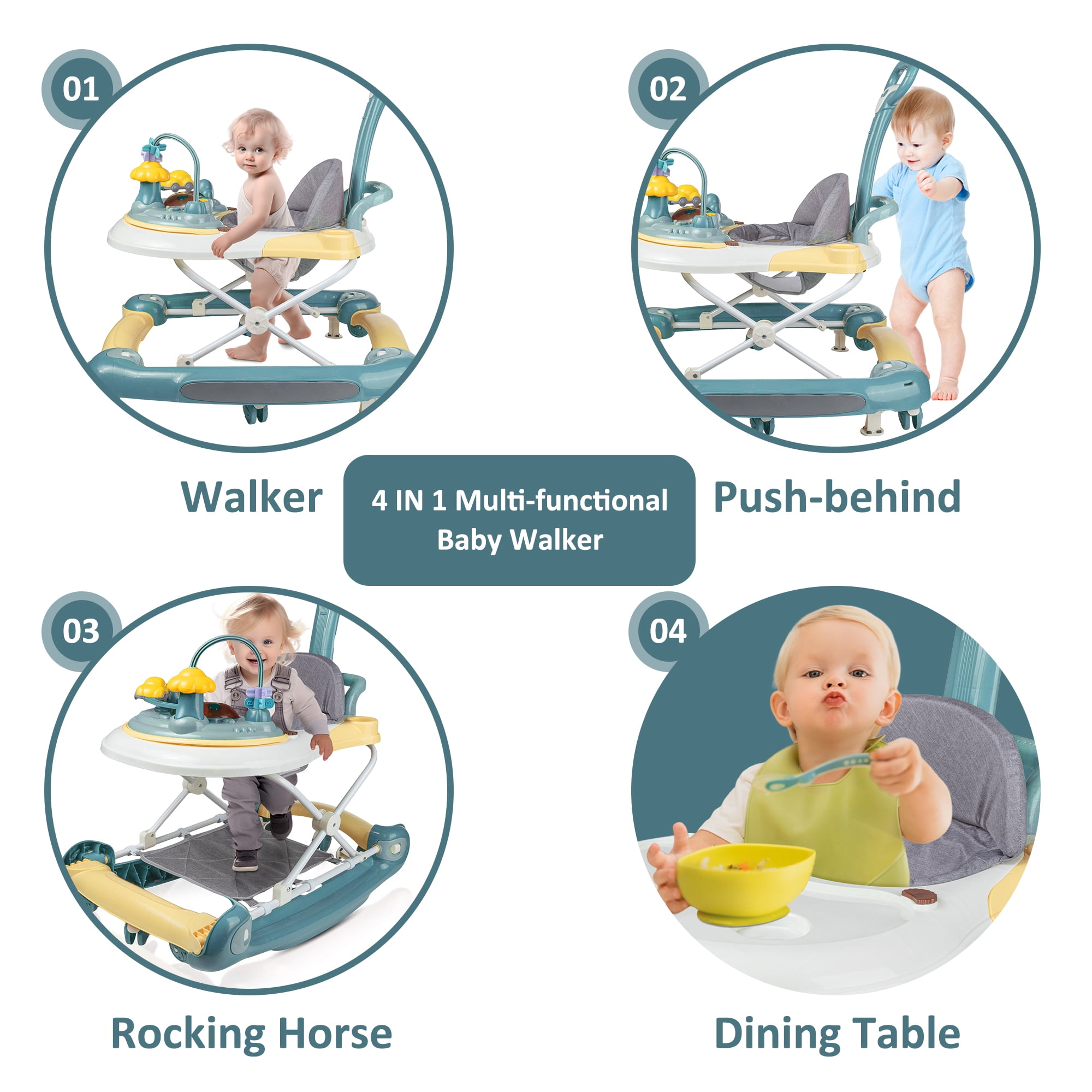 HAOUUCYIN 4-in-1 Baby Walker, Music Activity Push Walker with Wheel, Foldable and Height Adjustable, Green