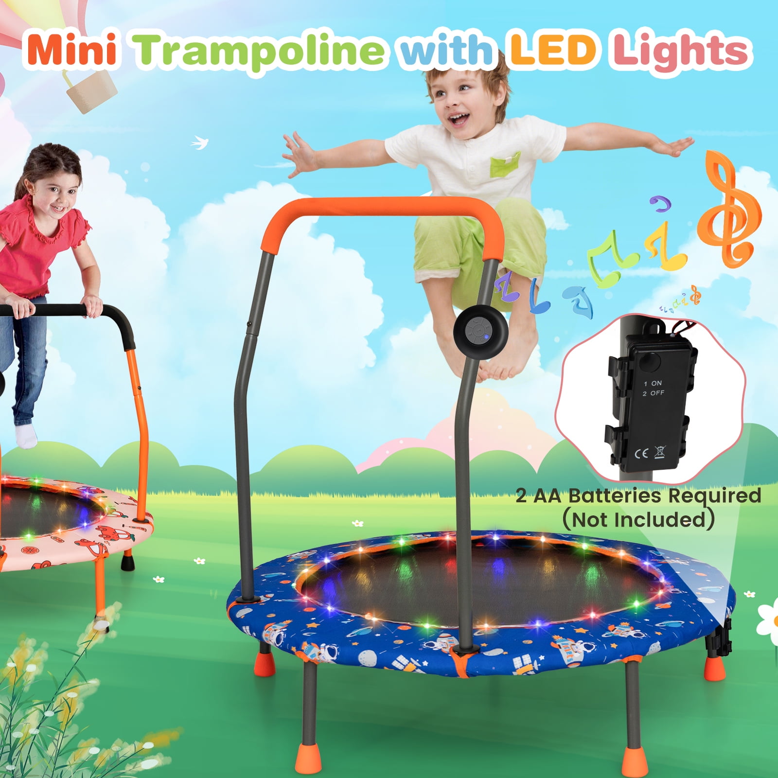 Infans 36" Mini Toddler Trampoline W/LED Bluetooth Speaker Detachable Handle Kids Gifts