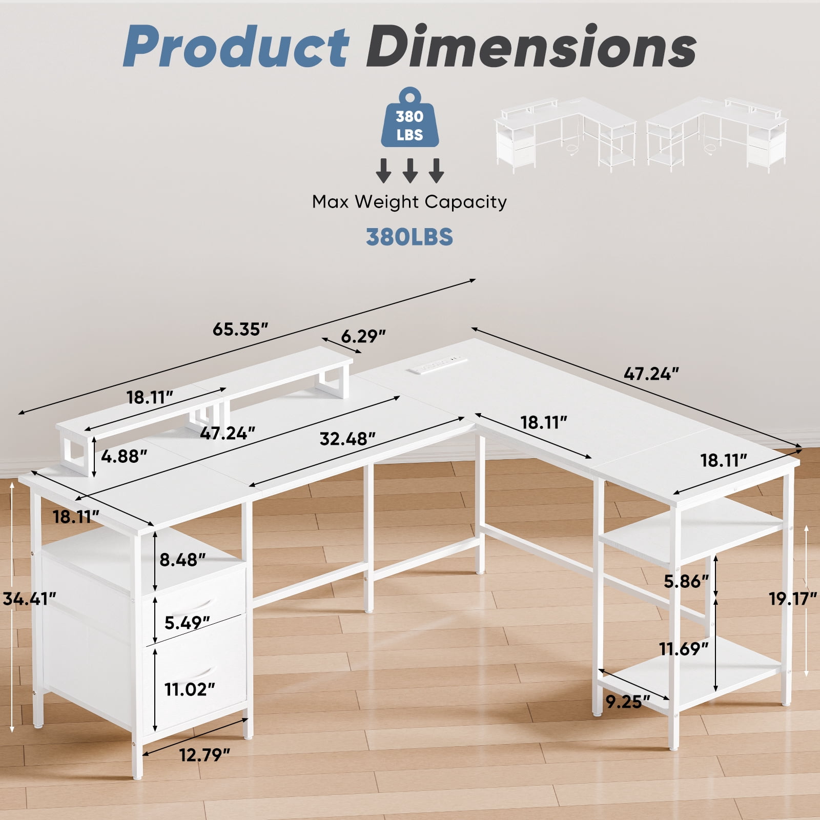 CONCETTA Modern L-Shaped Computer Desk with Power Outlet, Reversible Gaming Desk with Fabric Drawer & 2 Monitor Stands for Home Office, White