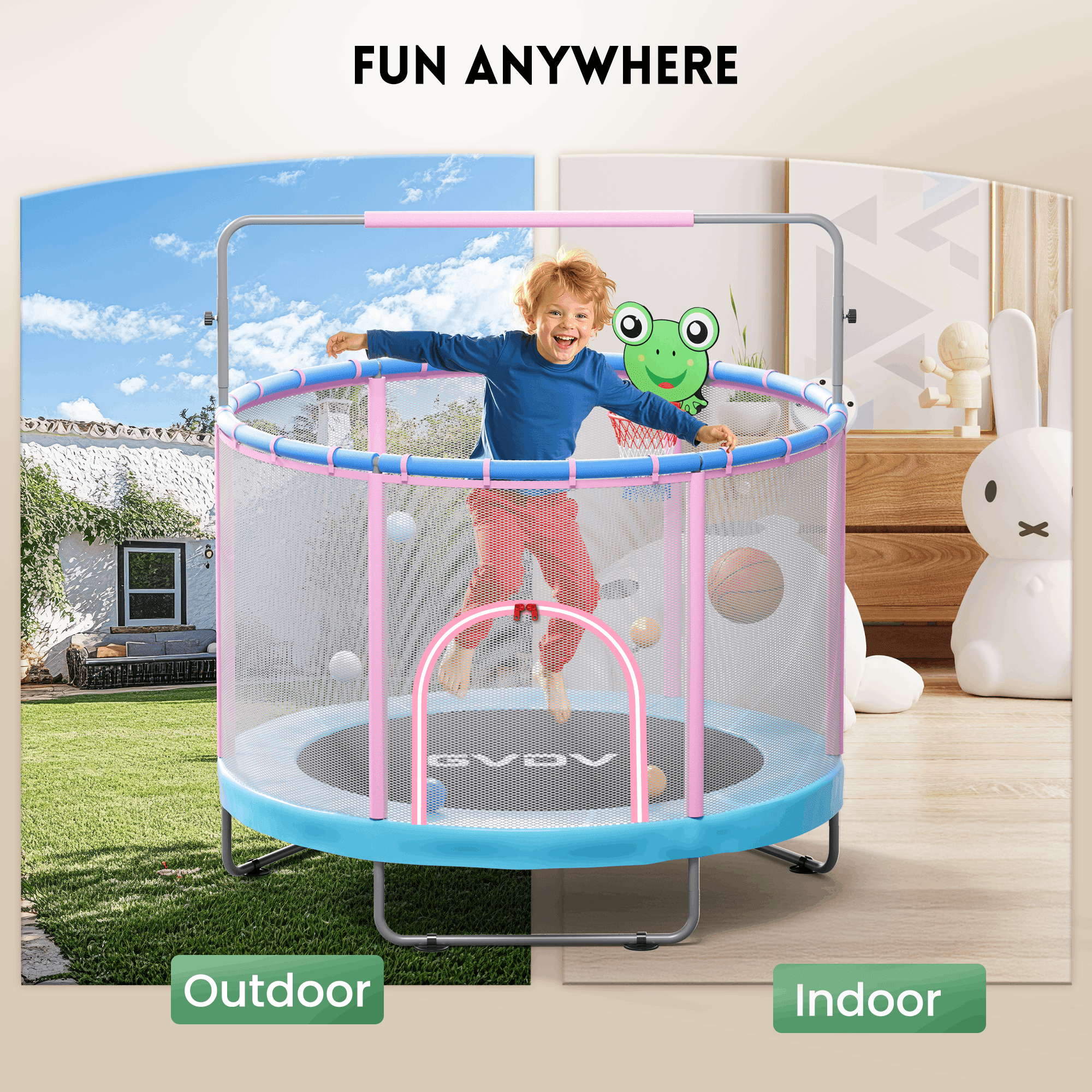 GVDV Trampoline for Kids, 60" Toddler Mini Trampoline with Enclosure Net, Basketball Hoop