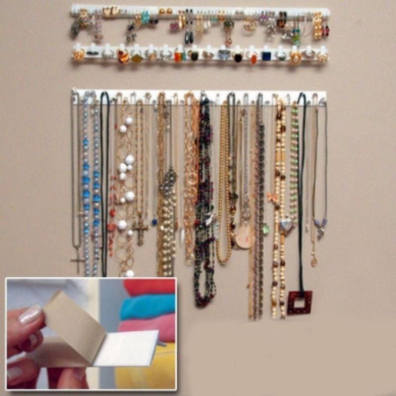 Adhesive Jewelry Hanger Earring Necklace Organizer Holder Rack Wall Mount Set 