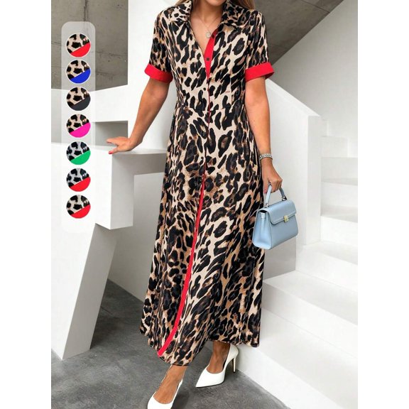 Womens Leopard Print Shirt Dress With Red Contrast Trim, Short Sleeve, Button Front, Maxi Length