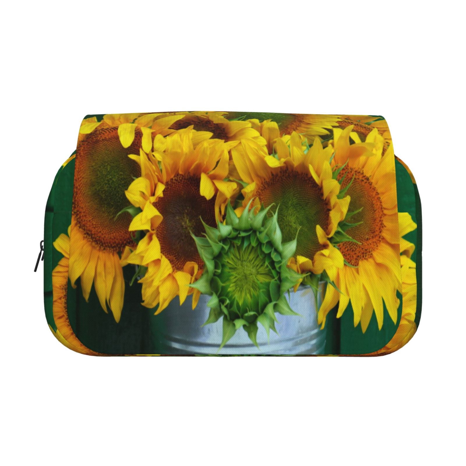 Rateoe Sunflowers in Bucket Pattern Double Clamshell Pen Case, Storage Organizer with Two Zipper Compartments– Holds Up to 50 Pencils & Pens
