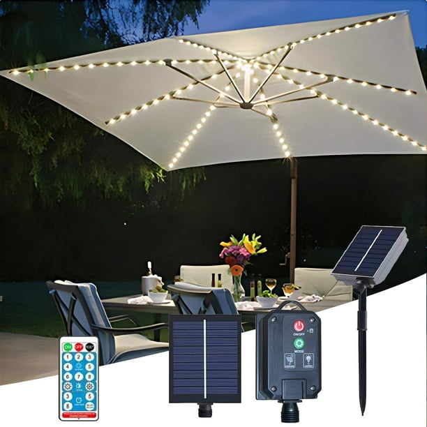 Wmhnj Luces solares para sombrilla con control remoto, 8 pinzas, enchufe de tierra, carga USB, cadena de 13 LED, IP44, impermeables, para exteriores, carpas, playa y sombra.