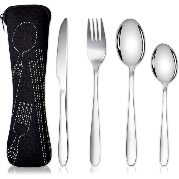 Juego de cubiertos de 4 paquetes con estuche portátil, juego de cubiertos de acero inoxidable con bolsa para exteriores (4 piezas negras)