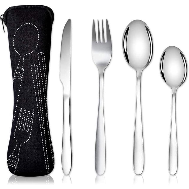 Juego de cubiertos de 4 paquetes con estuche portátil, juego de cubiertos de acero inoxidable con bolsa para exteriores (4 piezas negras)