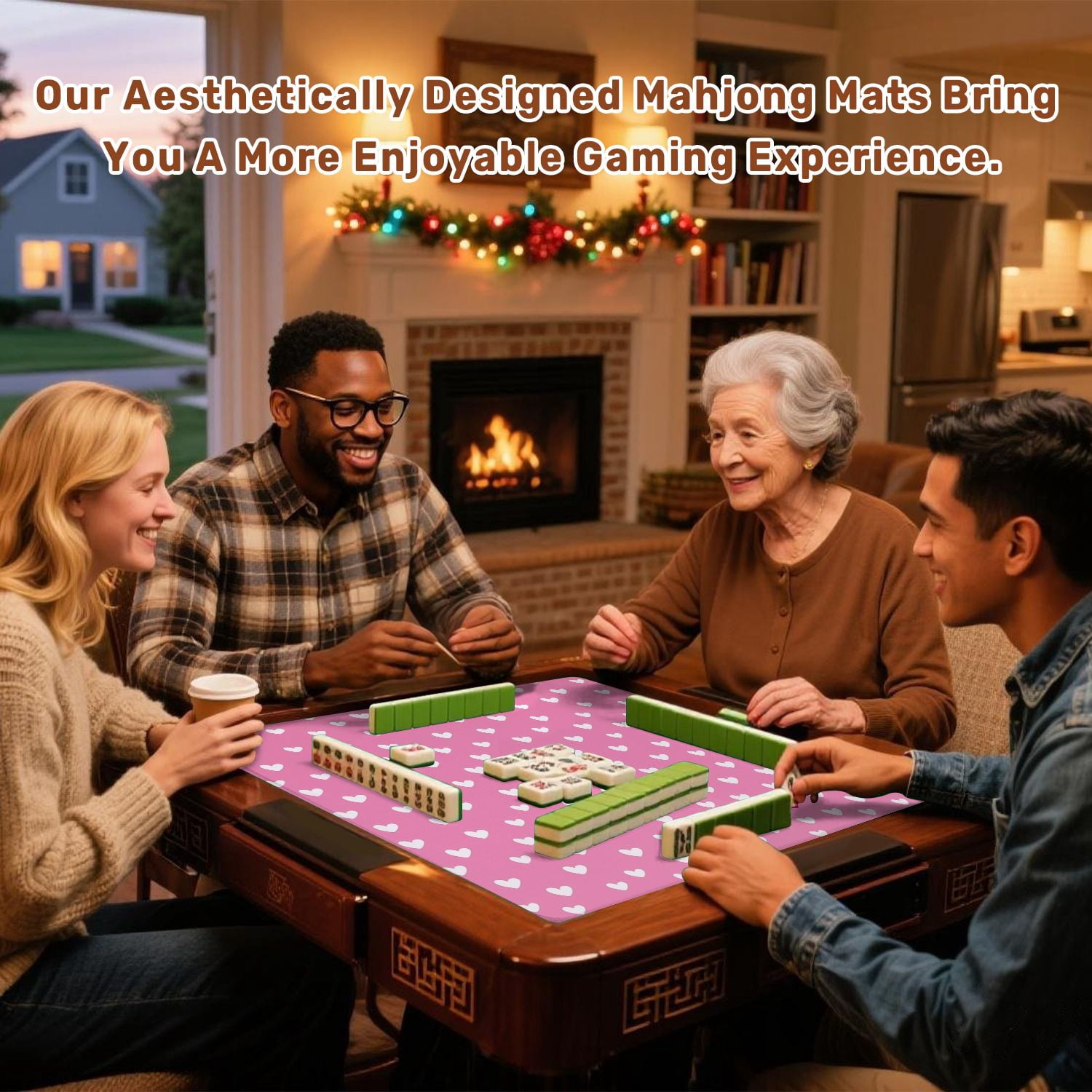 Mahjong Mat 31.5" x 31.5" Pink Heart White Red Hearts Soft Pink Non-Slip Noise Reduction American Mahjong Tiles Table Cover for Dominoes Poker Card Board Games Gift
