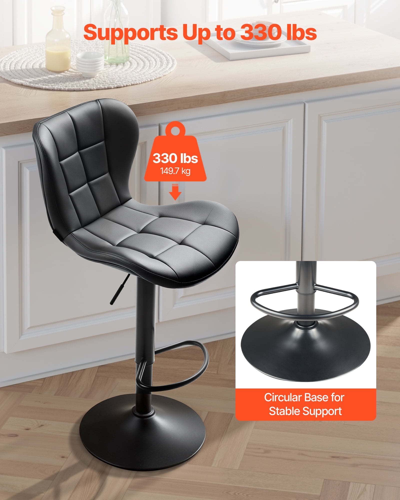 VEVOR Bar Stool Set of 4,Modern PU Leather Counter Height Stools,Swivel Kitchen Barstool with Back and Footrest, Height Adjustable Armless Bar Chair, Island Barstools for Kitchen, Dining Room, Black