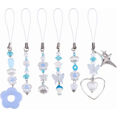 1set 6 Pcs 6 Styles Cell Phone Charms Light Blue Heart Shaped Mobile Straps Aesthetic Flower Phone Strap Charms Phone Charm Accessories for Cell Phone and Keychain Blue