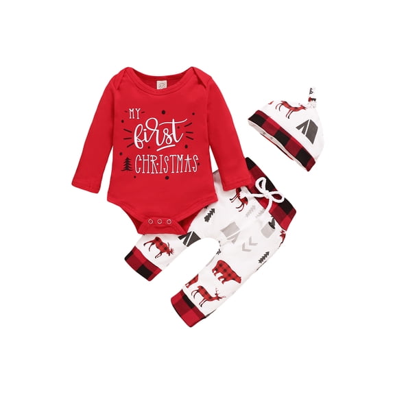 Licupiee 3PCS Newborn Baby Boy Girls My 1st Christmas Outfits Long Sleeve Romper Pajamas Drawstring Pants Hat 0-24M